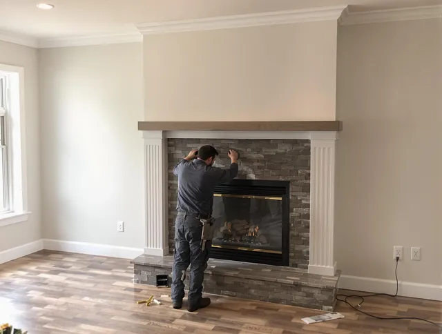 Eastvale Chimney Sweep finishing a custom fireplace install in Eastvale, CA